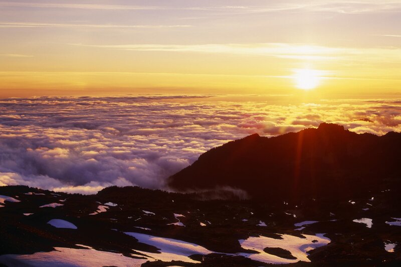 Mountain Peak Above Clouds — Yellow, Serene, Sunrise, Photograph, Sun, Snow