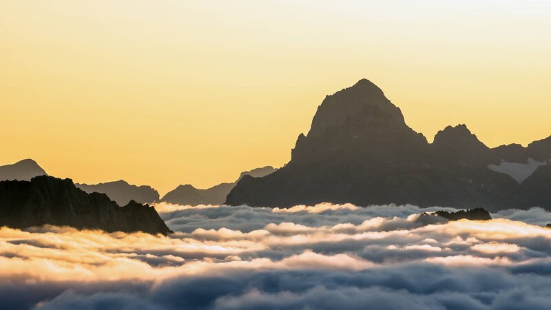 Mountain Peak Above Clouds — Yellow, Serene
