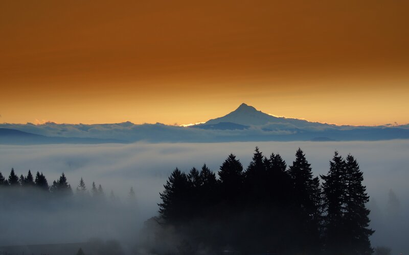 Mountain peak above fog at sunrise