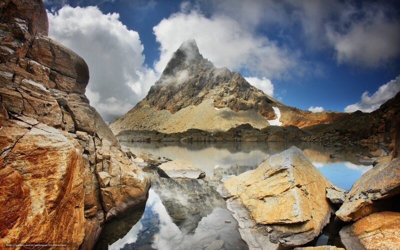 Mountain Peak and Lake — Blue, Dramatic, Afternoon, Photograph, Rock