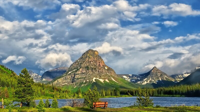 Mountain Peak and Lake — Blue, Dramatic, Afternoon, Photograph, Trees