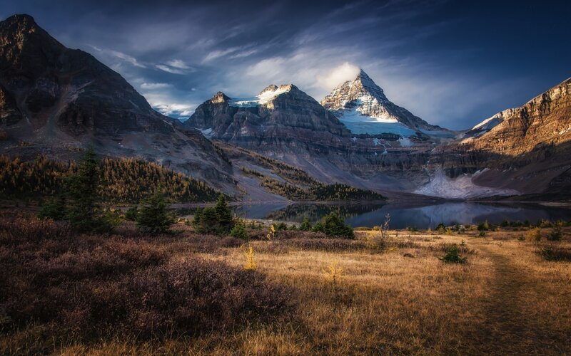 Mountain Peak and Lake — Blue, Dramatic, Sunset, Photograph