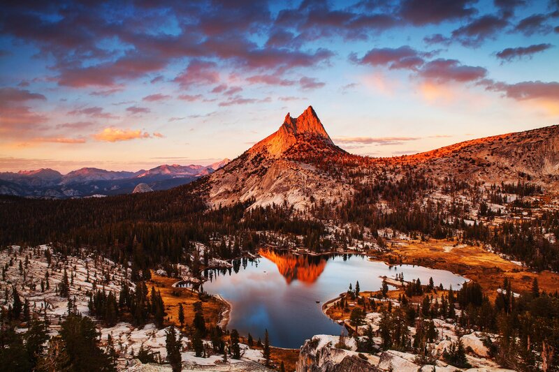 Mountain Peak and Lake — Blue, Dramatic, Sunset