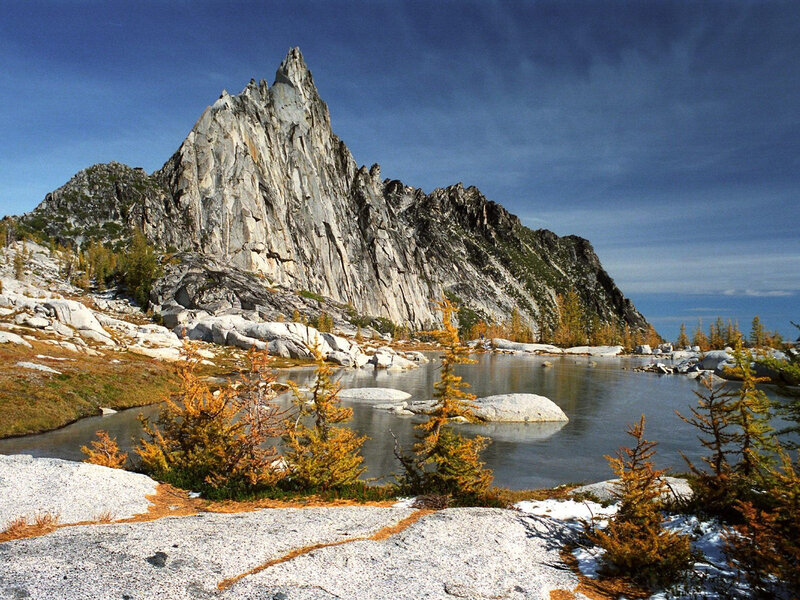 Mountain Peak and Lake — Blue, Serene, Autumn, Photograph