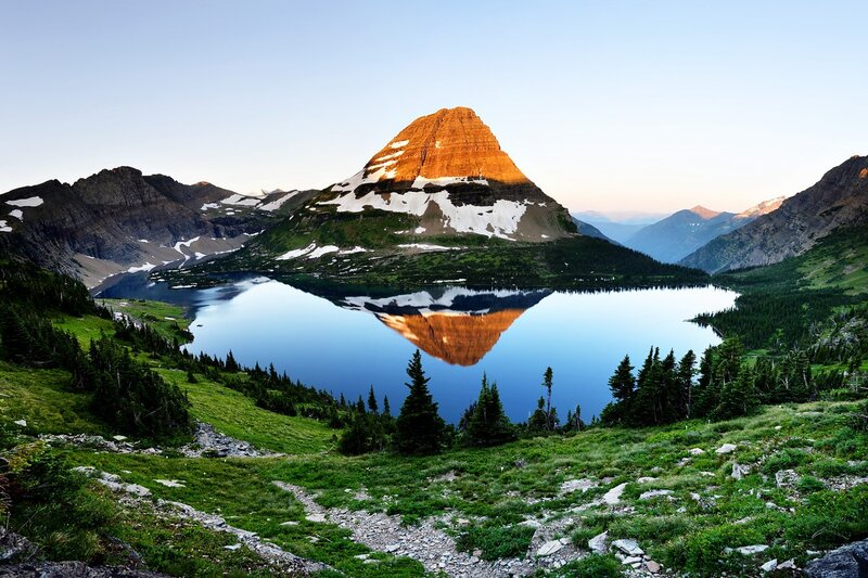 Mountain Peak and Lake — Blue, Serene, Sunrise
