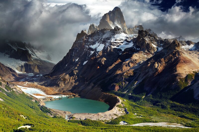 Mountain Peak and Lake — Green, Dramatic, Afternoon, Photograph, Snow, Clouds
