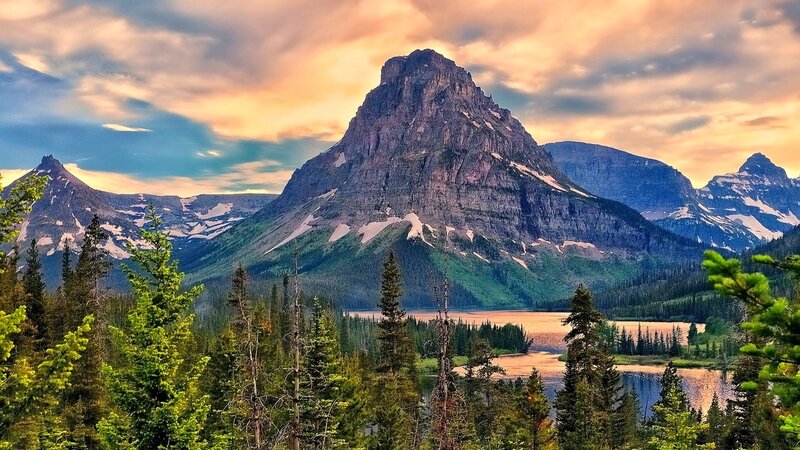 Mountain Peak and Lake — Green, Dramatic, Sunset, Photograph, Forest, Clouds