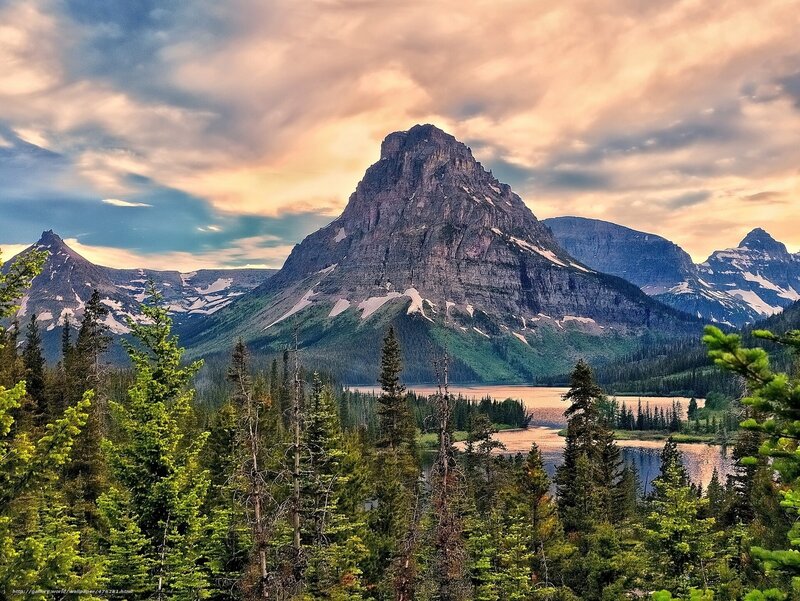 Mountain Peak and Lake — Green, Dramatic, Sunset, Photograph, Forest