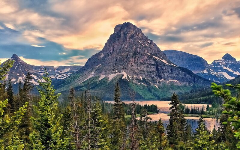Mountain Peak and Lake — Green, Dramatic, Sunset, Photograph