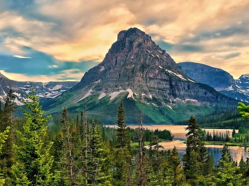 Mountain Peak and Lake — Green, Dramatic, Sunset