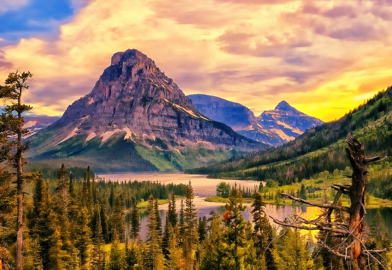 Mountain Peak and Lake — Yellow