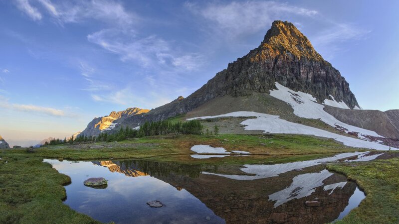 Mountain Peak and Pond — Blue, Serene, Morning, Photograph, Snow