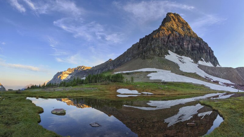 Mountain Peak and Pond — Blue, Serene, Morning, Photograph, Snow, Trees