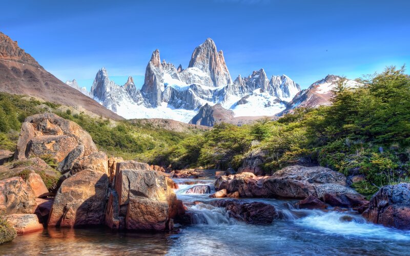 Mountain Peak and River — Blue, Serene, Afternoon