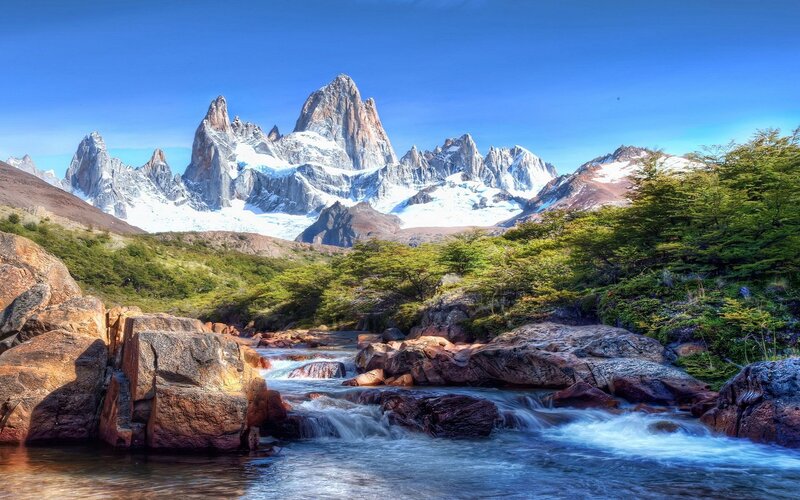 Mountain Peak and River — Blue, Serene