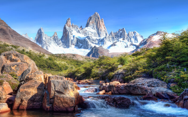 Mountain Peak and River — Blue