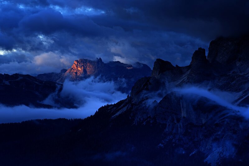 Mountain Peak at Dusk — Blue, Dramatic, Night, Photograph