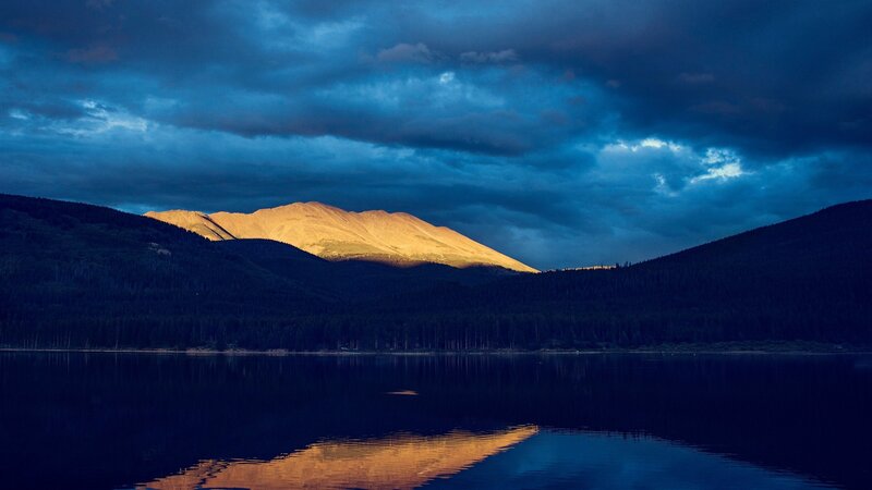 Mountain Peak at Dusk — Blue, Dramatic, Sunset, Photograph, Lake