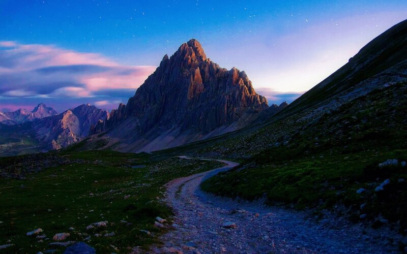 Mountain Peak at Dusk — Blue, Serene, Night, Photograph