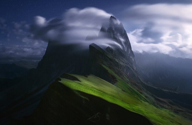 Mountain Peak at Night — Green, Dramatic