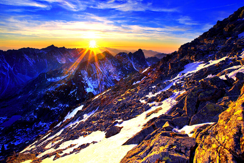 Mountain Peak at Sunrise — Blue, Dramatic, Photograph