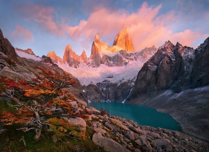 Mountain Peak at Sunrise — Blue, Dramatic, Photograph, Tree