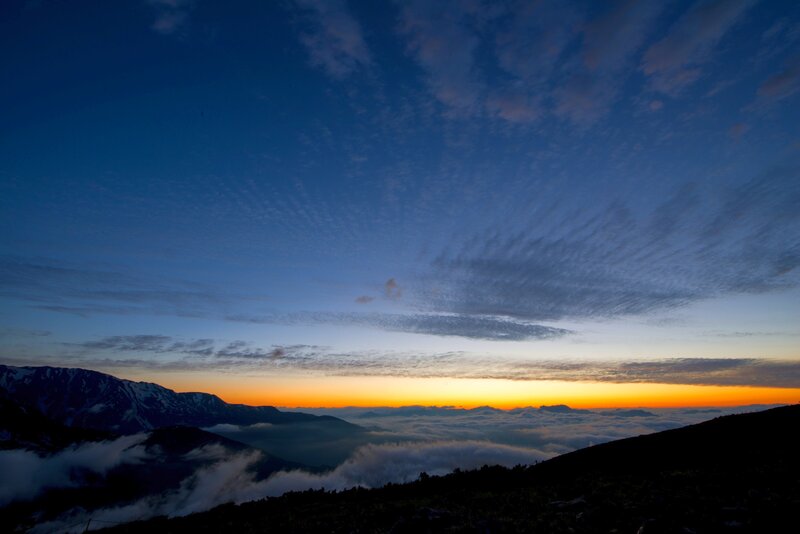 Mountain Peak at Sunrise — Blue, Serene, Photograph, Clouds