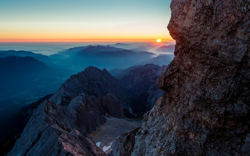 Mountain Peak at Sunrise — Blue, Serene, Photograph, Sun, Mountains