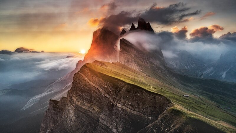 Mountain Peak at Sunrise — Orange, Dramatic, Photograph, Clouds