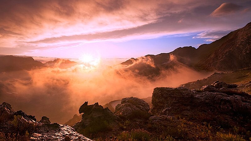 Mountain Peak at Sunrise — Orange, Dramatic, Photograph, Sun, Clouds