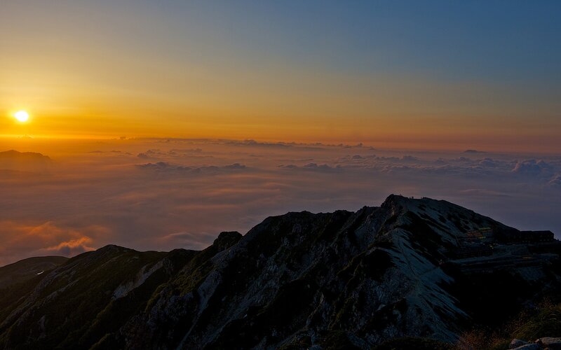 Mountain Peak at Sunrise — Orange, Serene, Photograph, Sun