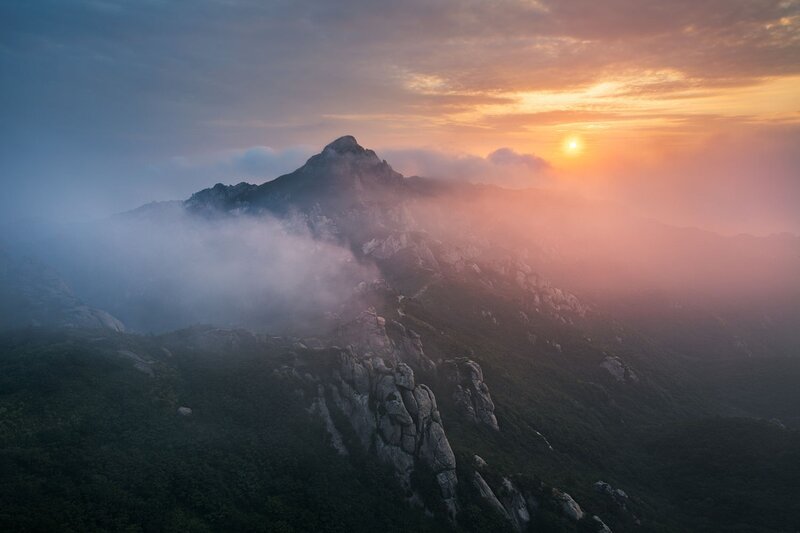 Mountain Peak at Sunrise — Orange, Serene, Photograph
