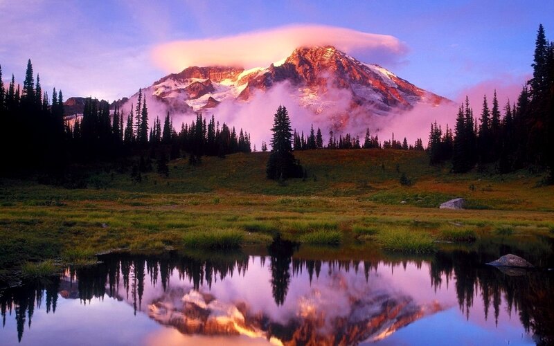 Mountain Peak at Sunrise — Purple, Serene, Photograph