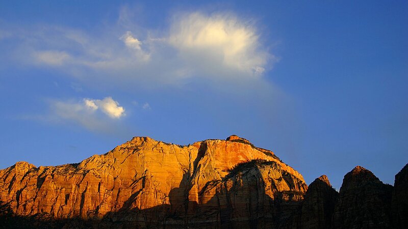Mountain Peak at Sunset — Blue, Dramatic, Photograph, Clouds, Sky