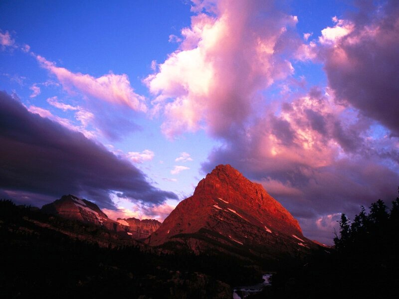 Mountain Peak at Sunset — Blue, Dramatic, Photograph, Clouds, Trees, River, Purple