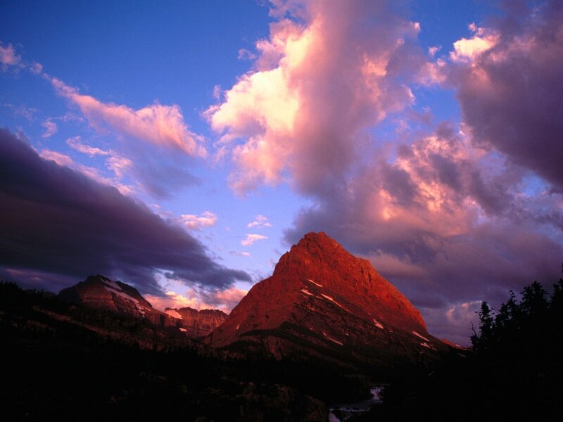 Mountain Peak at Sunset — Blue, Dramatic, Photograph, Clouds, Trees