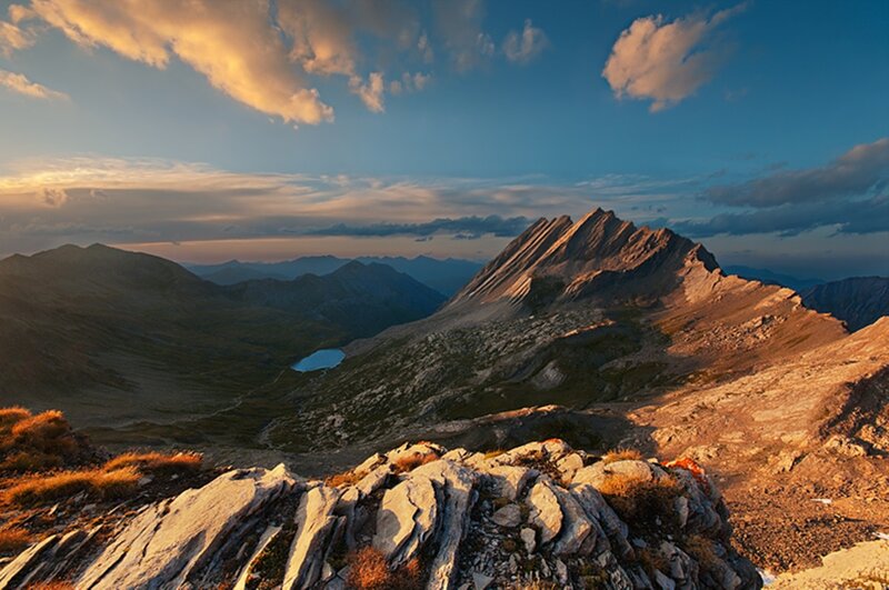 Mountain Peak at Sunset — Blue, Dramatic, Photograph, Mountains
