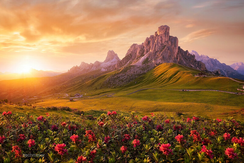 Mountain Peak at Sunset — Green, Serene