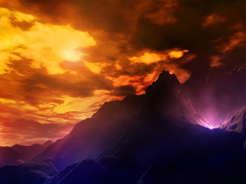 Mountain Peak at Sunset — Orange, Dramatic, Digital Art, Sun, Clouds