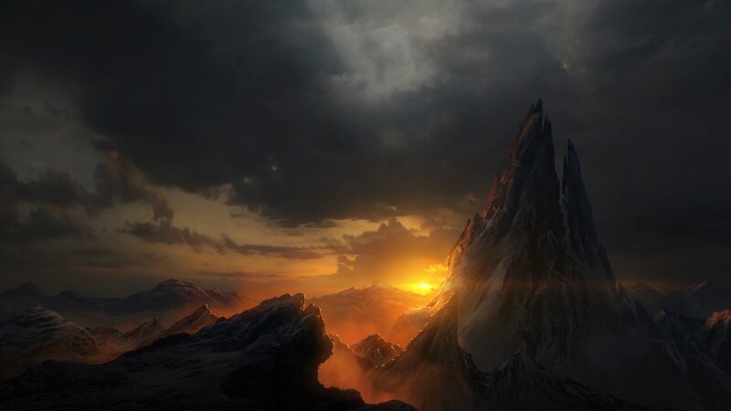 Mountain Peak at Sunset — Orange, Dramatic, Digital Art, Sun