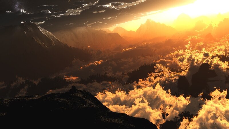 Mountain Peak at Sunset — Orange, Dramatic, Digital Art