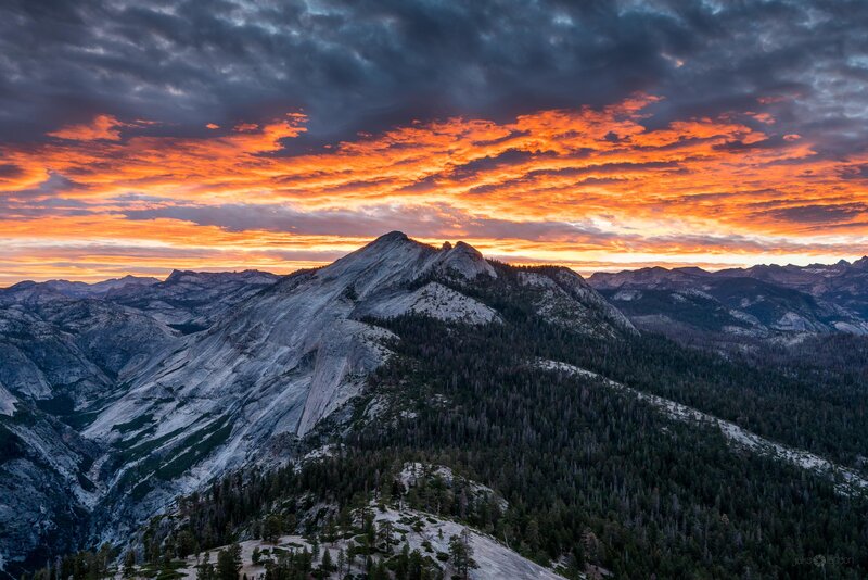 Mountain Peak at Sunset — Orange, Dramatic, Photograph, Clouds, Forest