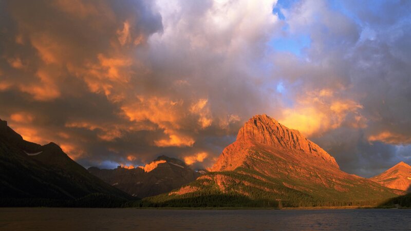 Mountain Peak at Sunset — Orange, Dramatic, Photograph, Clouds, Lake, Forest, Blue