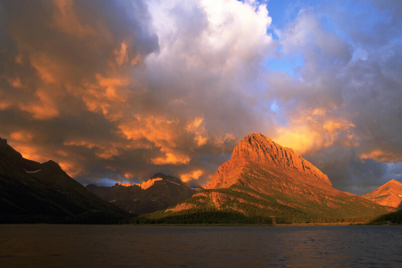 Mountain Peak at Sunset — Orange, Dramatic, Photograph, Clouds, Lake