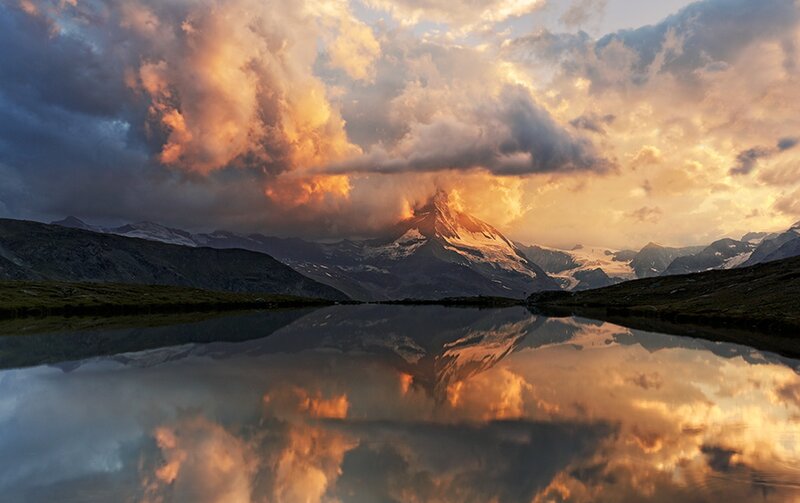 Mountain Peak at Sunset — Orange, Dramatic, Photograph, Clouds