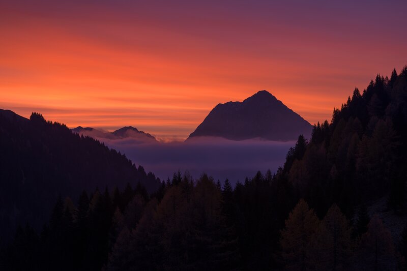 Mountain Peak at Sunset — Orange, Dramatic, Photograph, Forest, Clouds