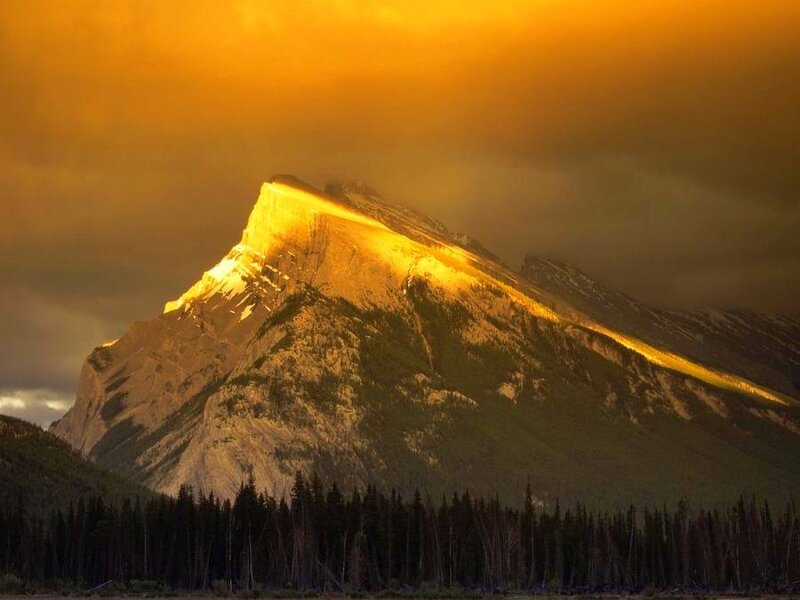Mountain Peak at Sunset — Orange, Dramatic, Photograph, Forest, Sky