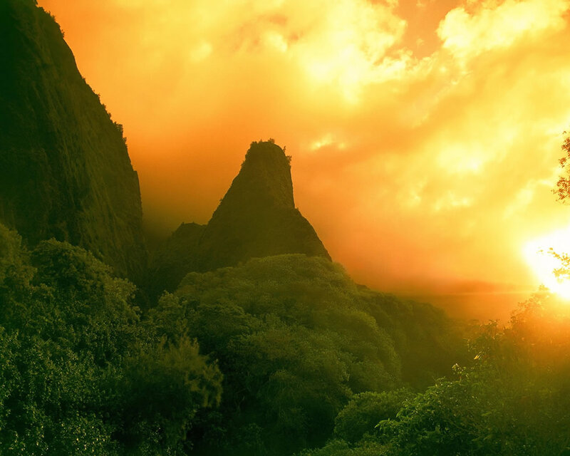Mountain Peak at Sunset — Orange, Dramatic, Photograph, Forest