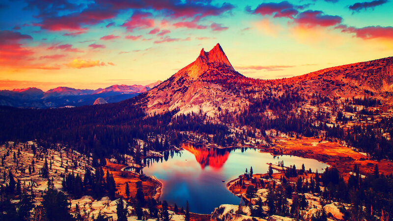 Mountain Peak at Sunset — Orange, Dramatic, Photograph, Lake, Forest