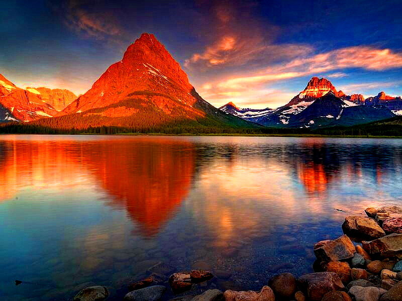Mountain Peak at Sunset — Orange, Dramatic, Photograph, Lake